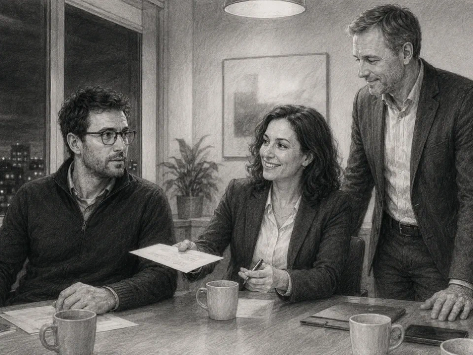 Niklas receives first clues from Gabi and Uwe in a meeting room.