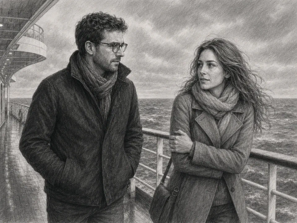 Niklas and Clara meet again on the windy outer deck.