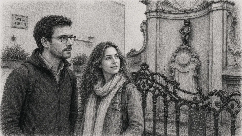 Niklas and Clara look at the Manneken Pis in Brussels.