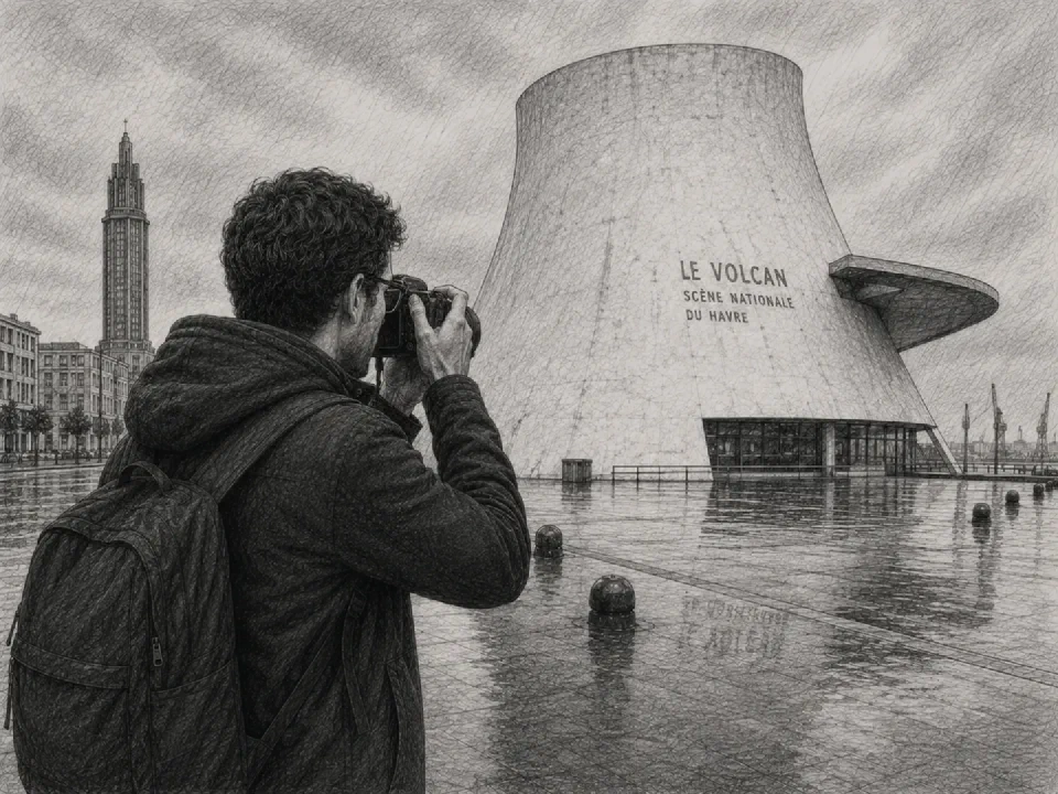 Niklas photographs Le Havre’s Volcan in the rain.