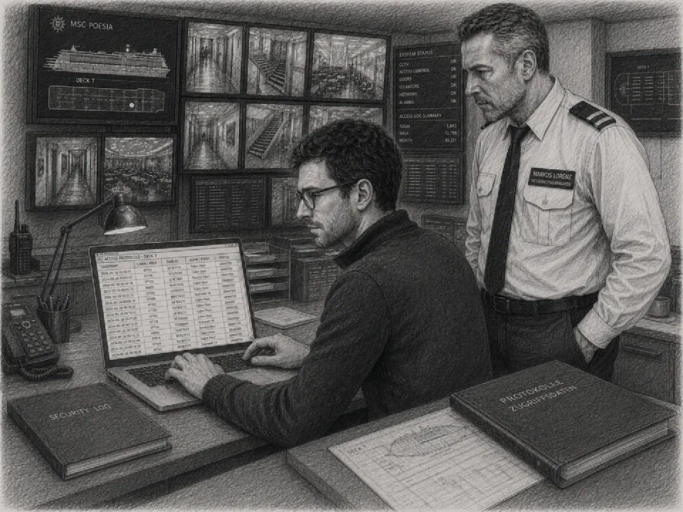 Niklas and Markus Lorenz review access logs in the security room.