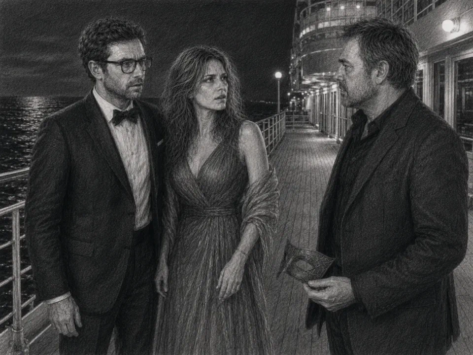 Niklas and Clara confront Armin on the outer deck at night.