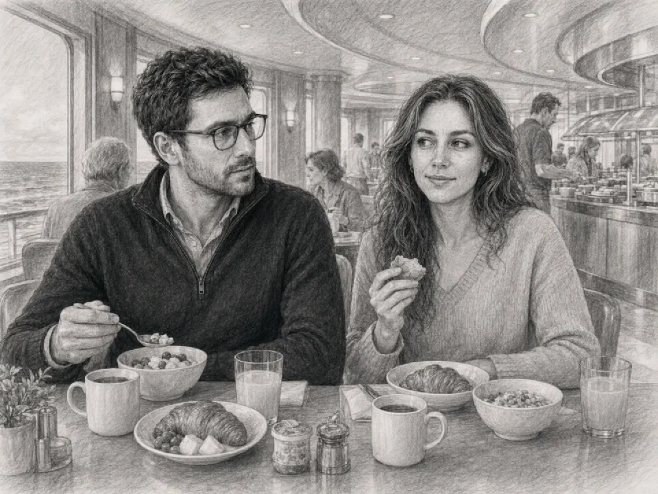 Niklas and Clara have breakfast together in the buffet restaurant.