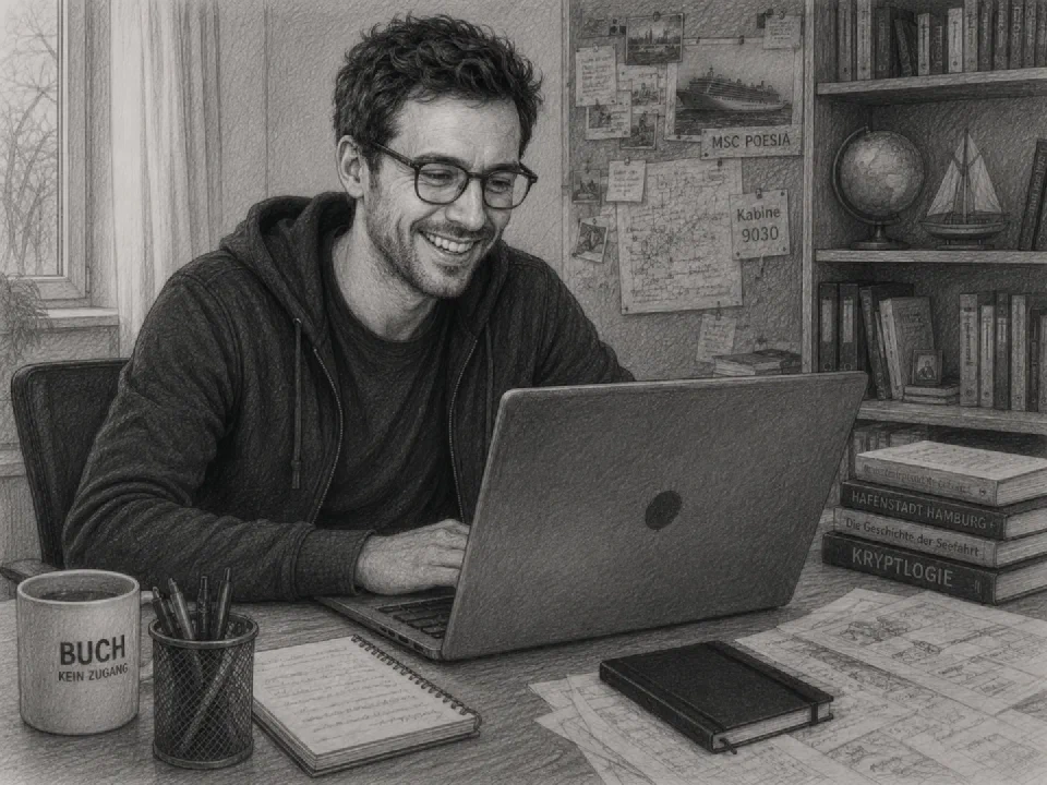 Niklas writes down the events of the journey at his desk.