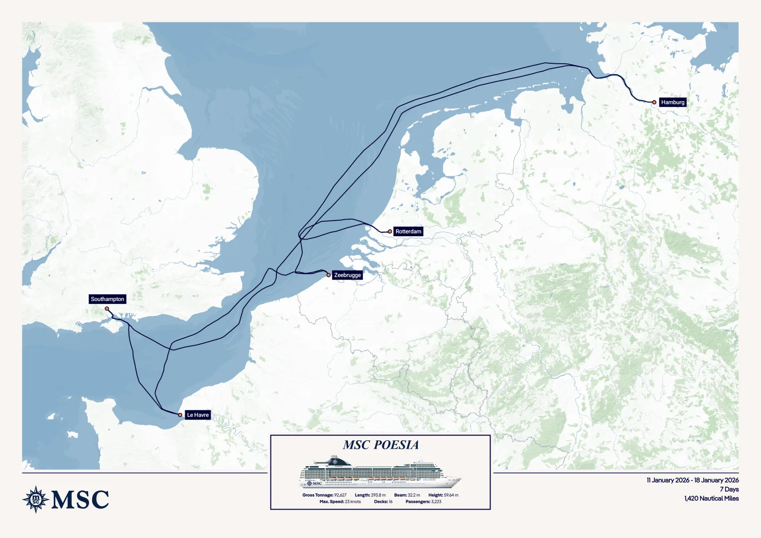 Visualised Metropolis Tour 2026 route with MSC Poesia